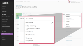 A student's opportunity request is open with the Status dropdown open and highlighted. The Requested status is selected. Other statuses include Setup underway, Scheduled, Hired/Selected, Completed.